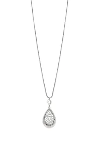 Silver Tone Long Chain with Filigree Teardrop Pendant Necklace