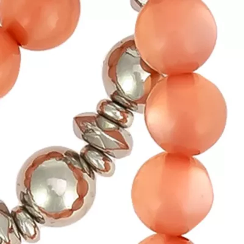 Silver Tone 3-Row Coral Beaded Stretch Bracelet Set 