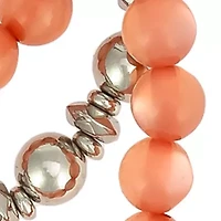 Silver Tone 3-Row Coral Beaded Stretch Bracelet Set 