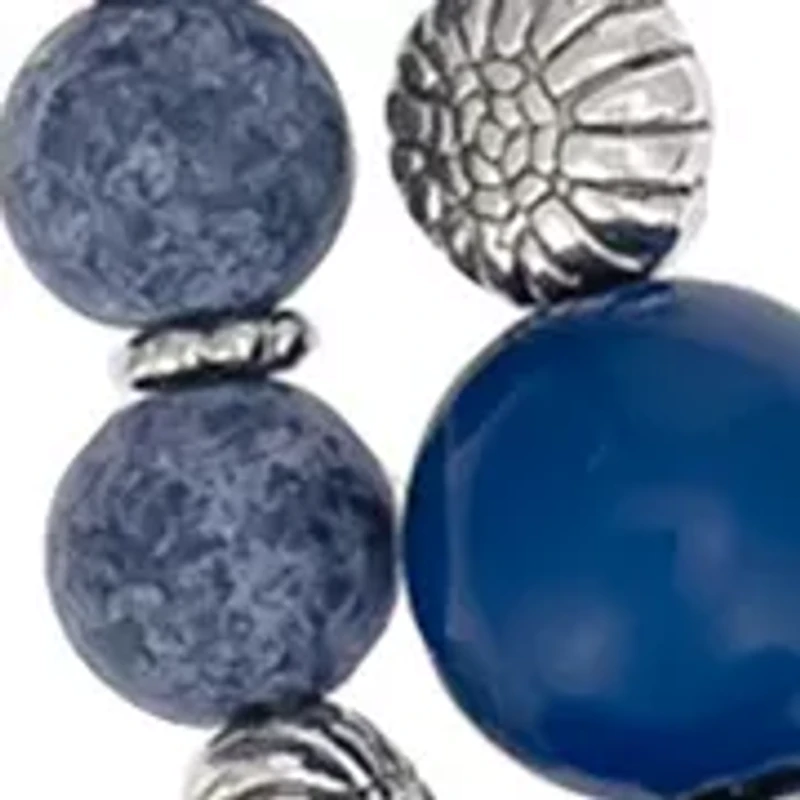 Silver Tone 2 Row Short Blue and Etched Silver Bead Necklace