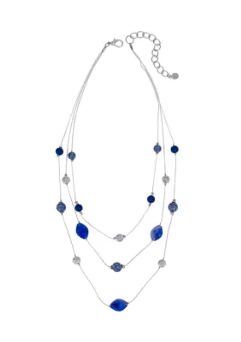 Silver Tone 3 Row Blue Bead Short Illusion Necklace