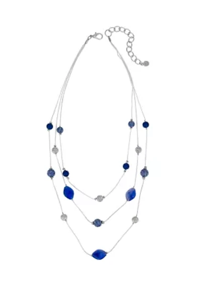 Silver Tone 3 Row Blue Bead Short Illusion Necklace