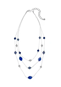 Silver Tone 3 Row Blue Bead Short Illusion Necklace