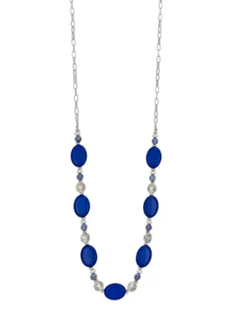 Silver Tone Long Blue Bead Station Necklace
