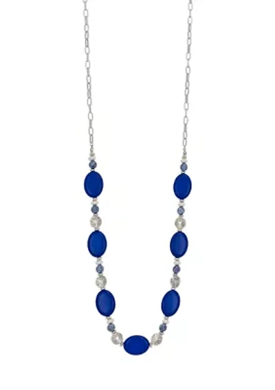 Silver Tone Long Blue Bead Station Necklace