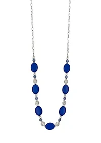 Silver Tone Long Blue Bead Station Necklace