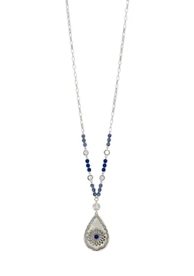 Silver Tone Long Chain Blue Bead Detail and Etched Teardrop Pendant Necklace