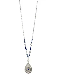 Silver Tone Long Chain Blue Bead Detail and Etched Teardrop Pendant Necklace