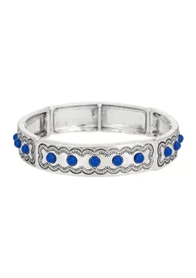 Silver Tone Stretch Etched Front Blue Stone Accent Bangle Bracelet