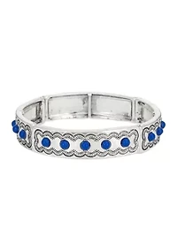 Silver Tone Stretch Etched Front Blue Stone Accent Bangle Bracelet
