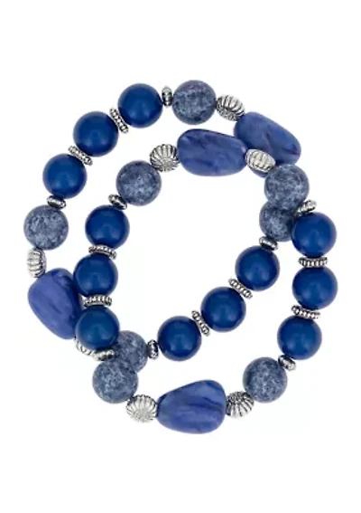 Silver Tone Blue Bead Stretch Bracelet Set