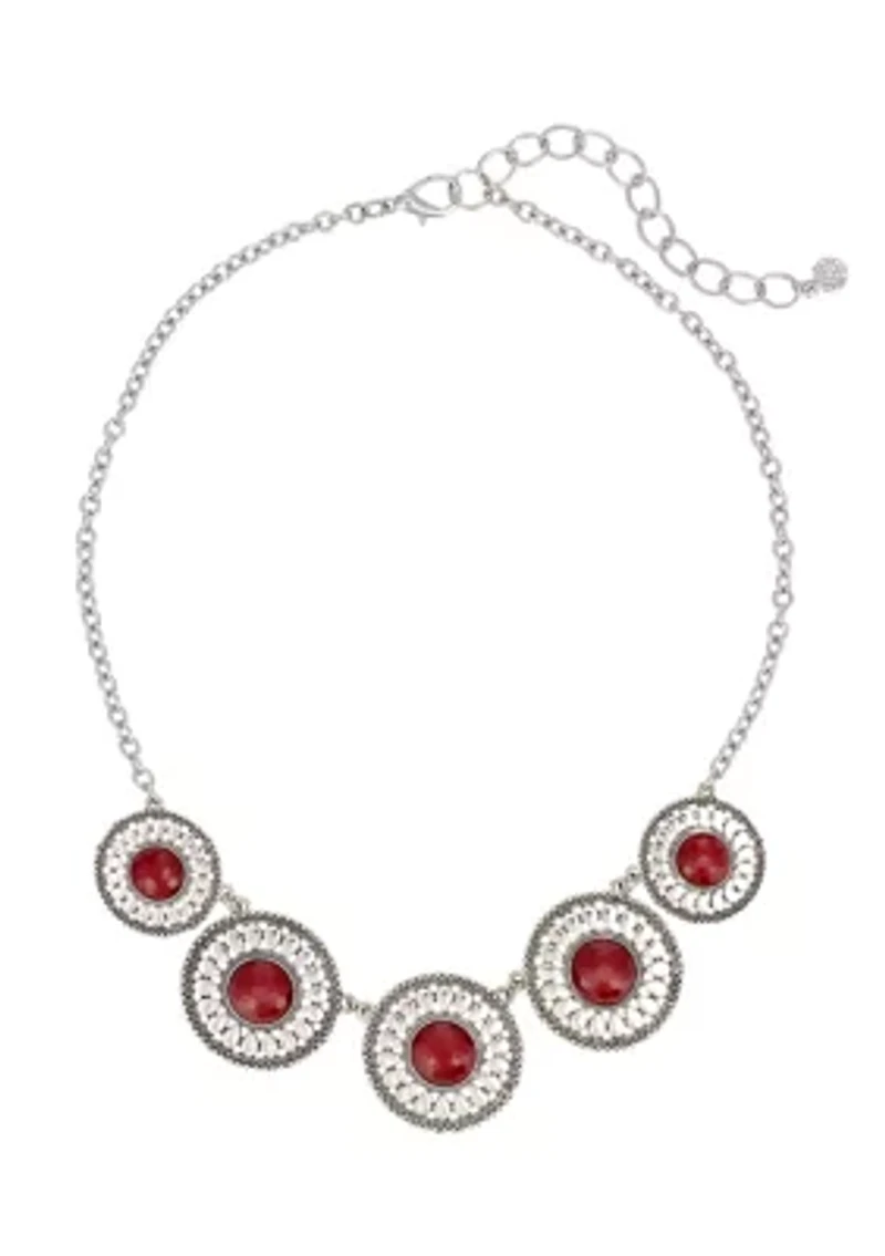 Silver-Tone 5 Round Textured Disc with Red Center Stone Accent Frontal Necklace 