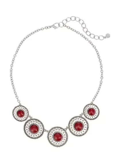 Silver-Tone 5 Round Textured Disc with Red Center Stone Accent Frontal Necklace 