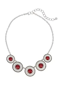 Silver-Tone 5 Round Textured Disc with Red Center Stone Accent Frontal Necklace 