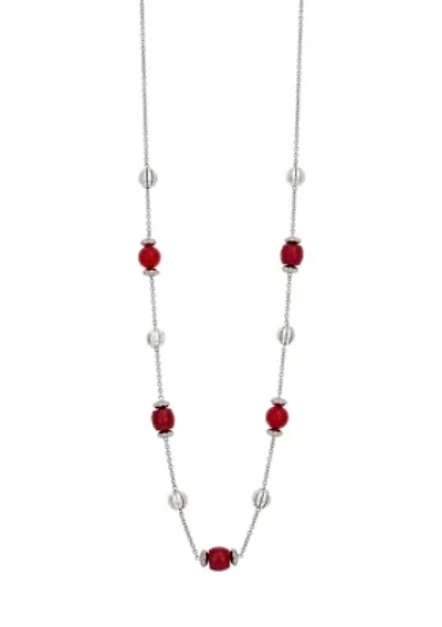 Silver-Tone Long Illusion with Red Bead Stations Necklace