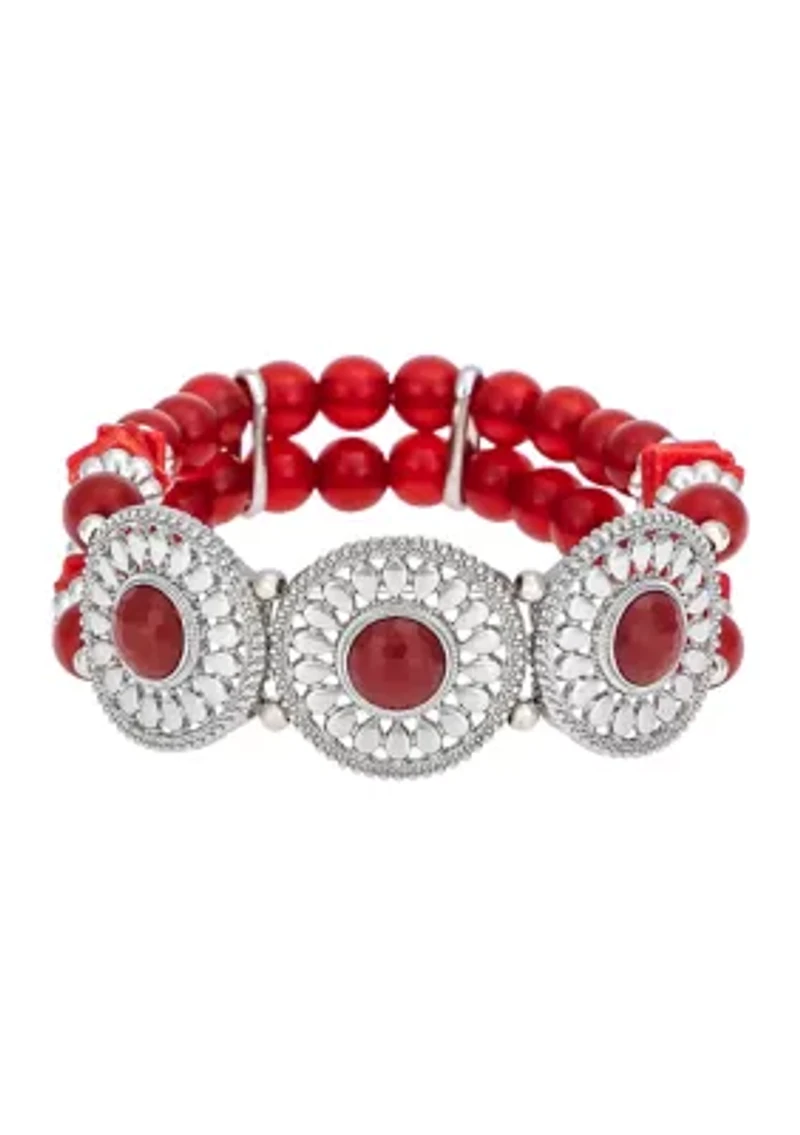 Silver-Tone 2-Row Red Beaded Accented Discs Stretch Bracelet