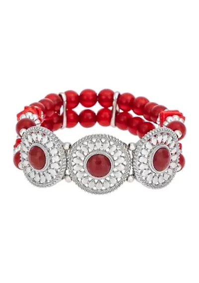 Silver-Tone 2-Row Red Beaded Accented Discs Stretch Bracelet 