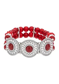 Silver-Tone 2-Row Red Beaded Accented Discs Stretch Bracelet 