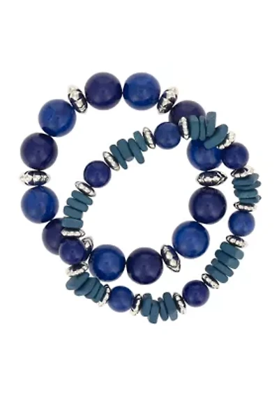 Silver Tone 2 Row Beaded Stretch Bracelet Set