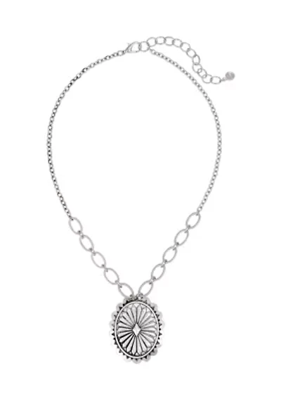 Silver-Tone Round Etched Disc Pendant Necklace 