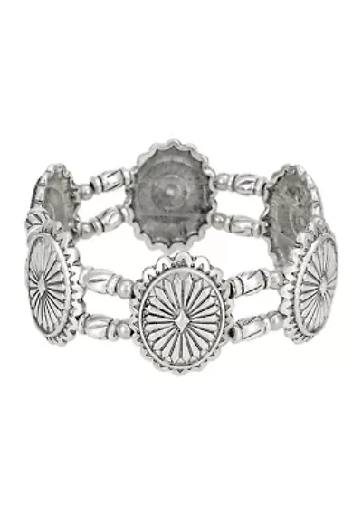 Silver-Tone Etched Round Disc Stretch Bracelet 