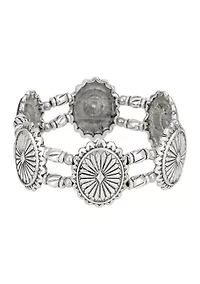 Silver-Tone Etched Round Disc Stretch Bracelet 