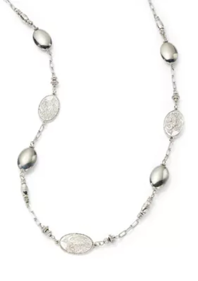Silver Tone Long Linked Etched Bead Necklace