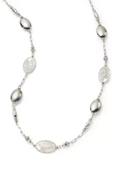 Silver Tone Long Linked Etched Bead Necklace