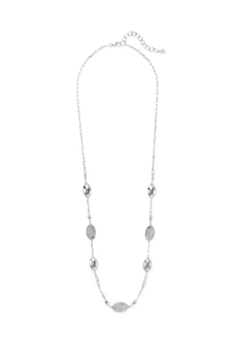 Silver Tone Long Linked Etched Bead Necklace