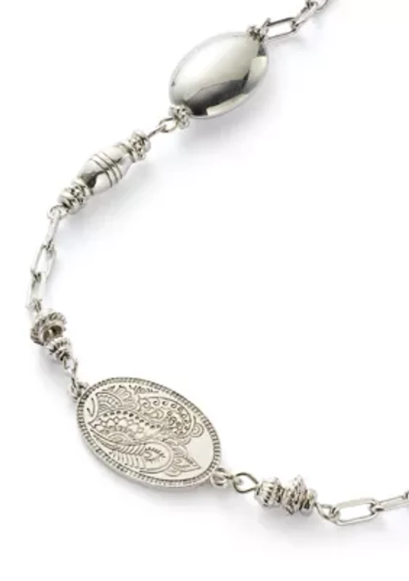 Silver Tone Long Linked Etched Bead Necklace