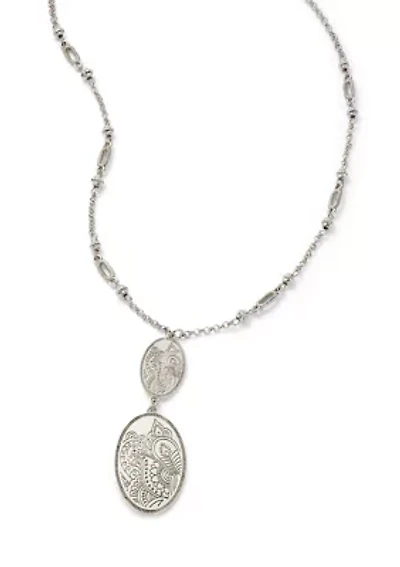 Silver Tone Long Double Etched Oval Pendant Necklace