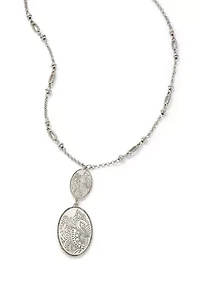 Silver Tone Long Double Etched Oval Pendant Necklace