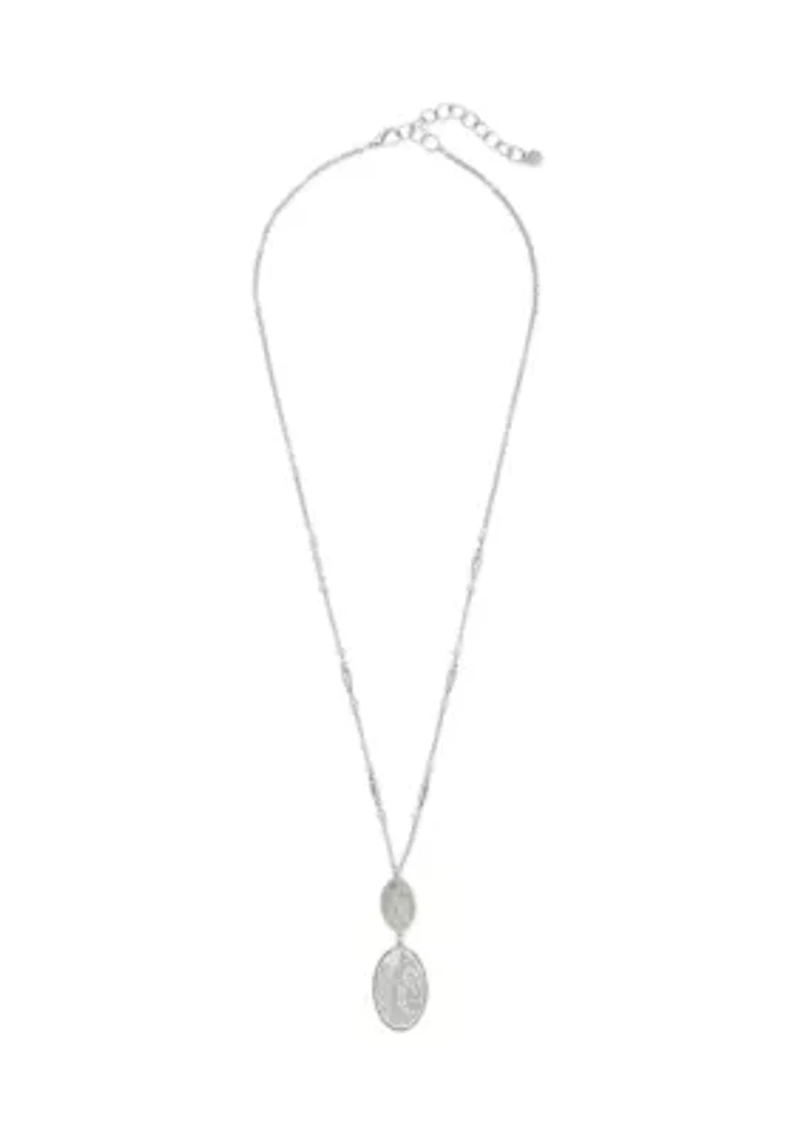 Silver Tone Long Double Etched Oval Pendant Necklace