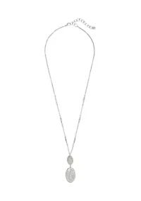 Silver Tone Long Double Etched Oval Pendant Necklace