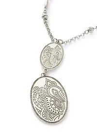 Silver Tone Long Double Etched Oval Pendant Necklace