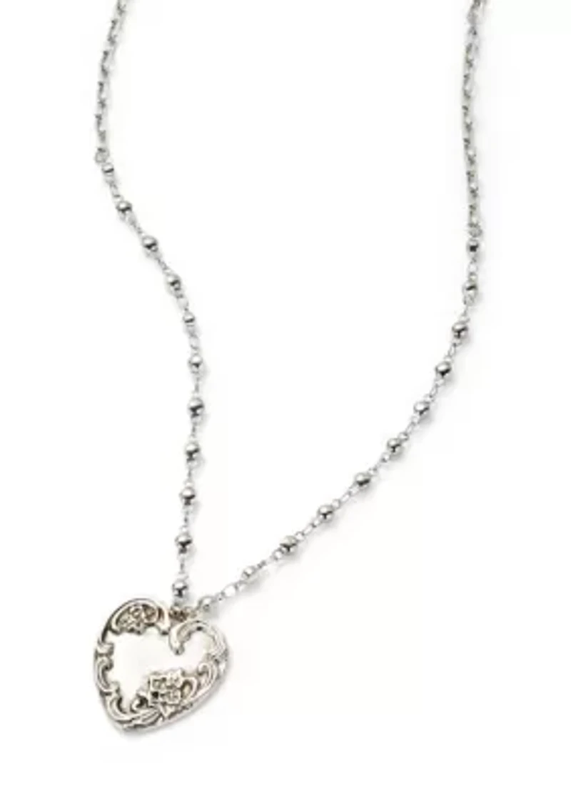 Silver Tone Etched Heart Pendant Necklace