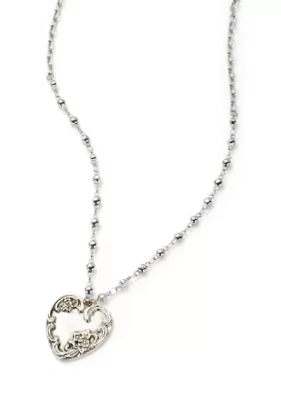 Silver Tone Etched Heart Pendant Necklace