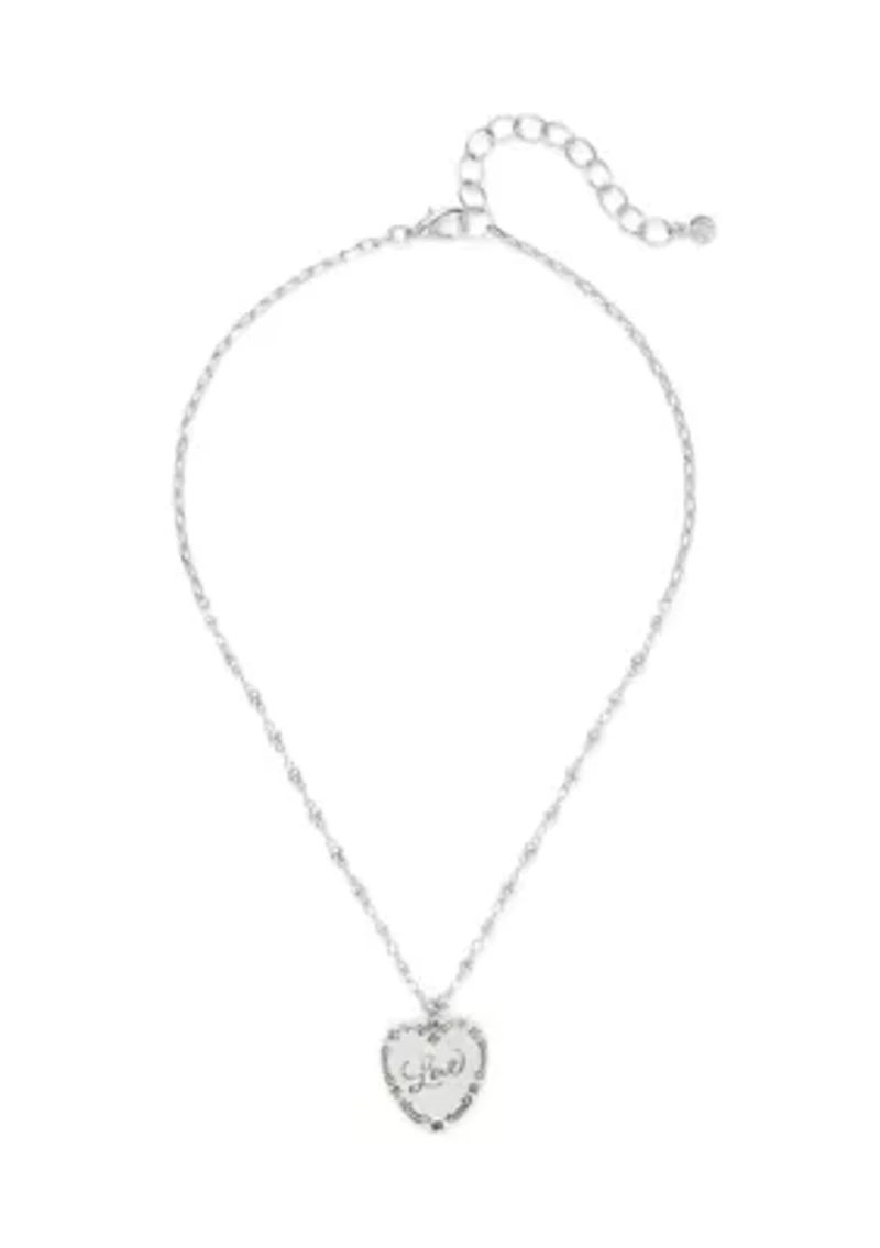 Silver Tone Etched Heart Pendant Necklace