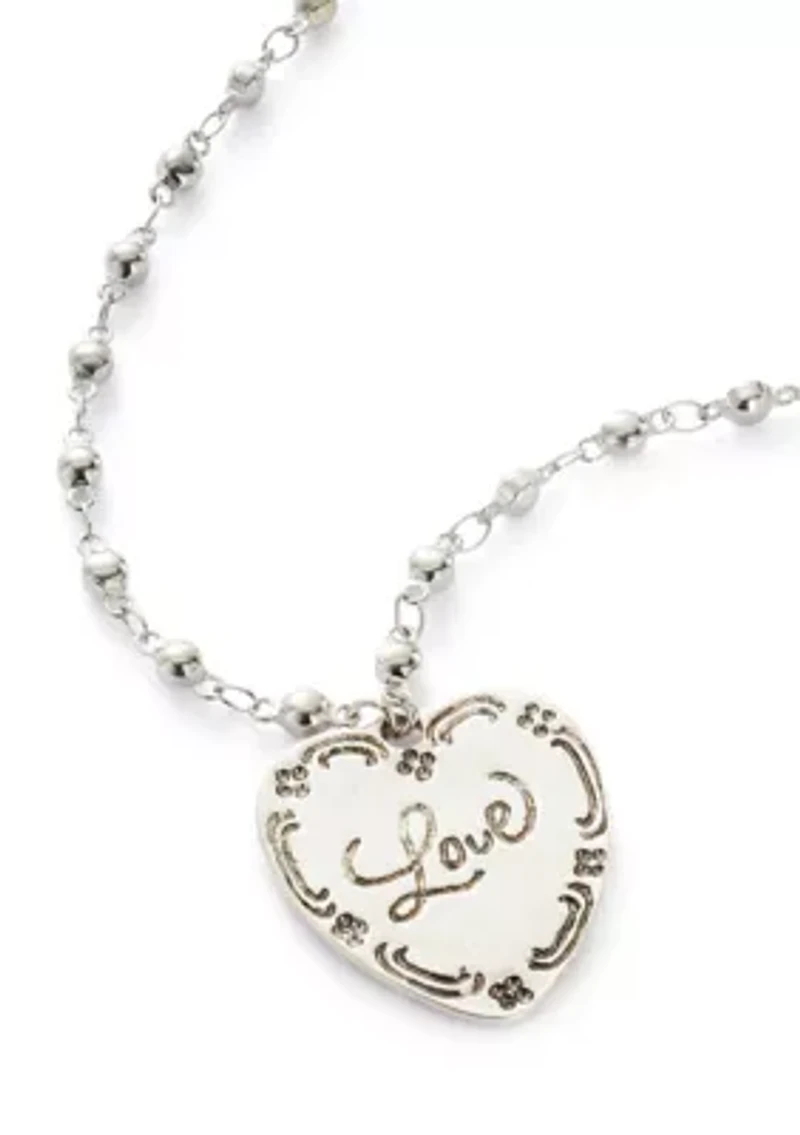 Silver Tone Etched Heart Pendant Necklace