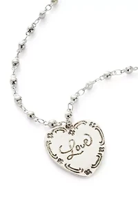 Silver Tone Etched Heart Pendant Necklace
