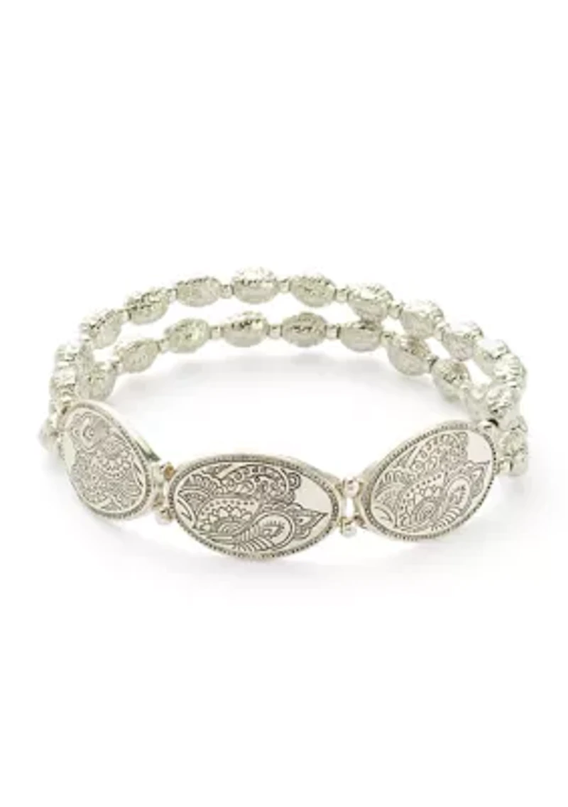 Silver Tone Beaded Stretch Oval Disc Bracelet