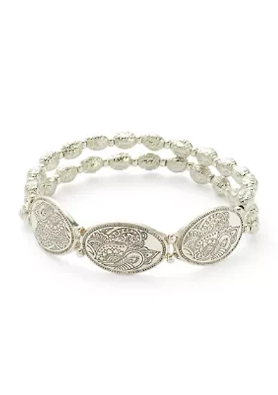Silver Tone Beaded Stretch Oval Disc Bracelet