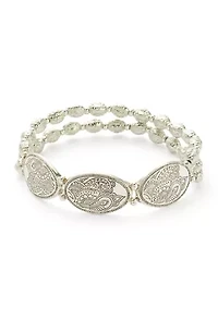 Silver Tone Beaded Stretch Oval Disc Bracelet