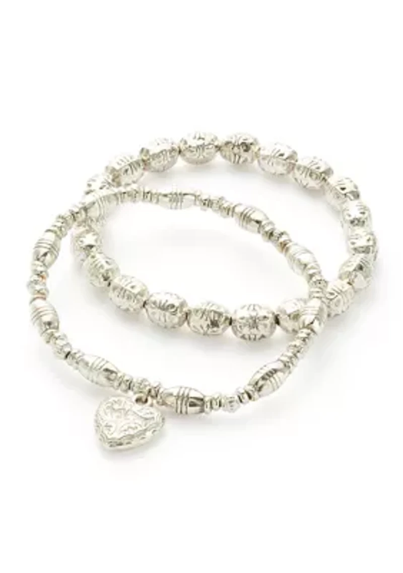 Women's Silver Tone Beaded Stretch Heart Drop Bracelet Set