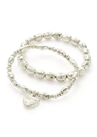Women's Silver Tone Beaded Stretch Heart Drop Bracelet Set