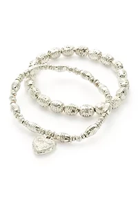 Women's Silver Tone Beaded Stretch Heart Drop Bracelet Set