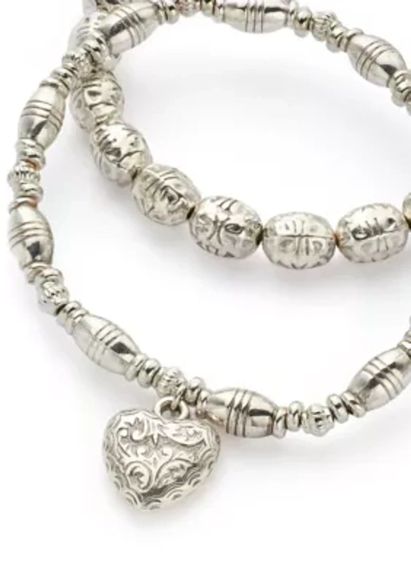 Women's Silver Tone Beaded Stretch Heart Drop Bracelet Set