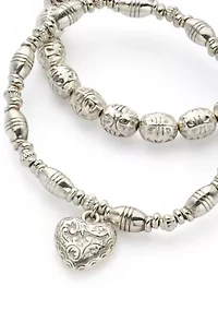 Women's Silver Tone Beaded Stretch Heart Drop Bracelet Set