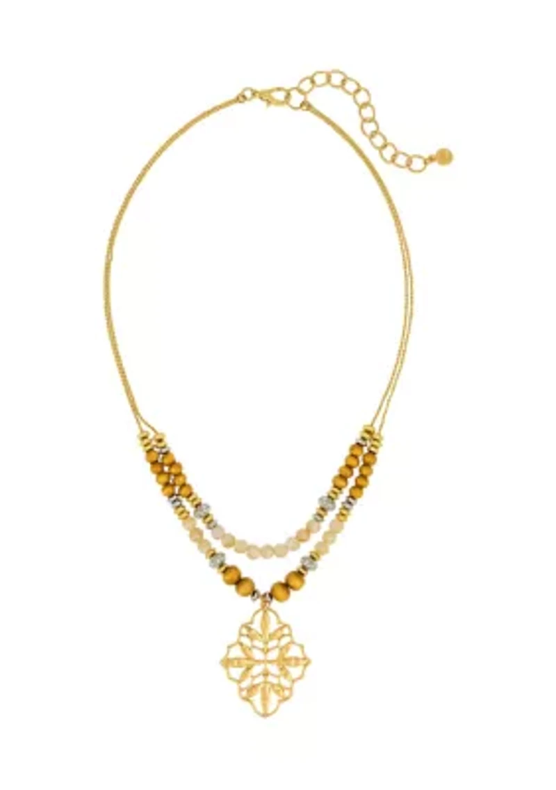 Two Tone 2 Row Multi Natural Beaded Necklace with Filigree Pendant