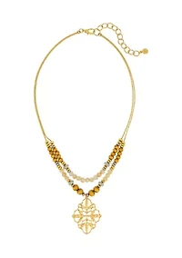 Two Tone 2 Row Multi Natural Beaded Necklace with Filigree Pendant